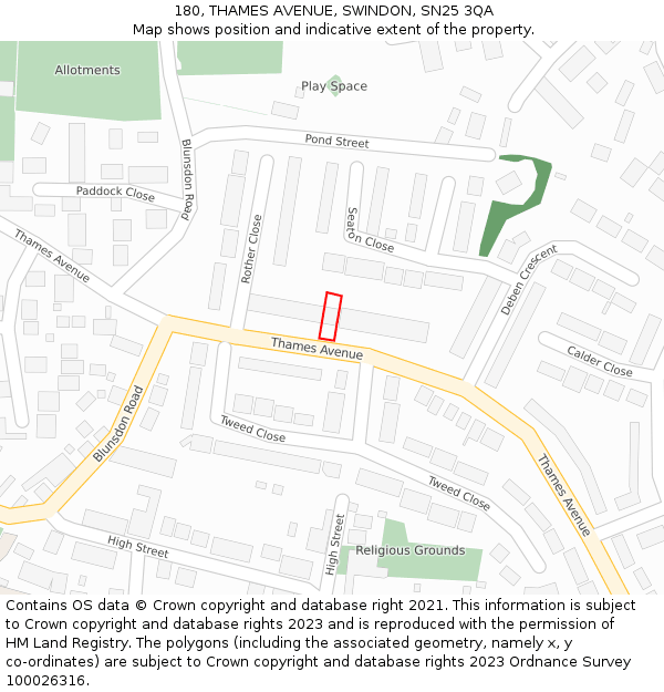 180, THAMES AVENUE, SWINDON, SN25 3QA: Location map and indicative extent of plot