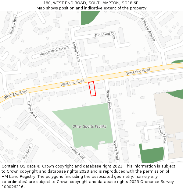 180, WEST END ROAD, SOUTHAMPTON, SO18 6PL: Location map and indicative extent of plot