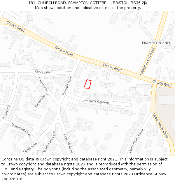 181, CHURCH ROAD, FRAMPTON COTTERELL, BRISTOL, BS36 2JX: Location map and indicative extent of plot