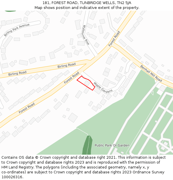 181, FOREST ROAD, TUNBRIDGE WELLS, TN2 5JA: Location map and indicative extent of plot