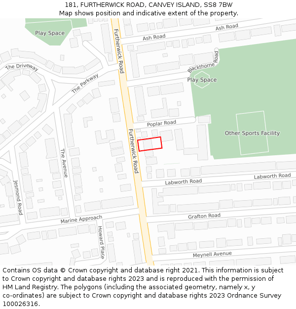 181, FURTHERWICK ROAD, CANVEY ISLAND, SS8 7BW: Location map and indicative extent of plot