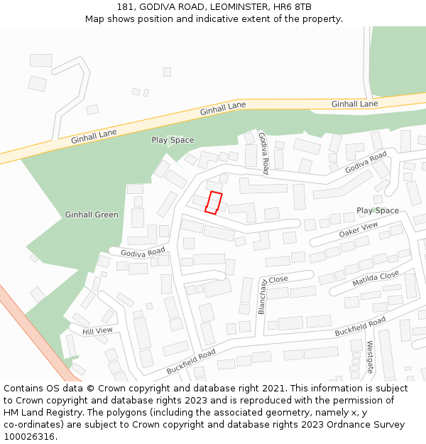 181, GODIVA ROAD, LEOMINSTER, HR6 8TB: Location map and indicative extent of plot