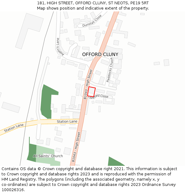 181, HIGH STREET, OFFORD CLUNY, ST NEOTS, PE19 5RT: Location map and indicative extent of plot