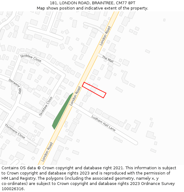 181, LONDON ROAD, BRAINTREE, CM77 8PT: Location map and indicative extent of plot