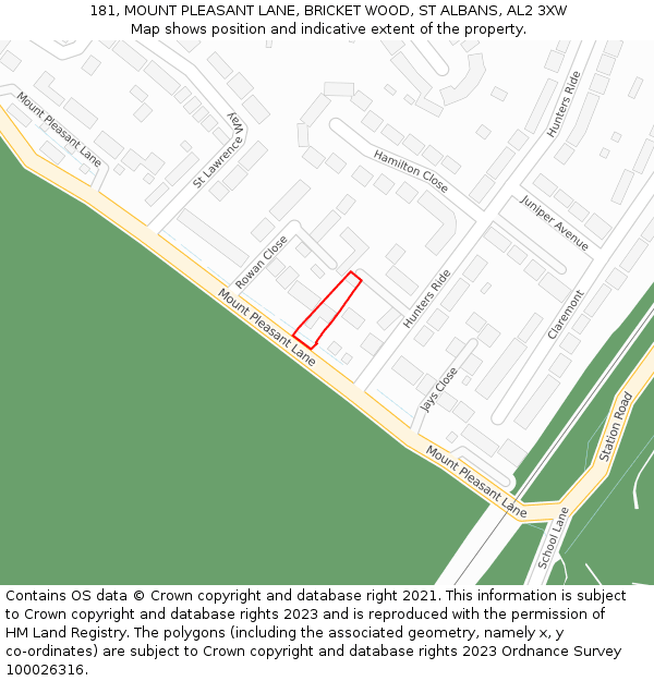 181, MOUNT PLEASANT LANE, BRICKET WOOD, ST ALBANS, AL2 3XW: Location map and indicative extent of plot