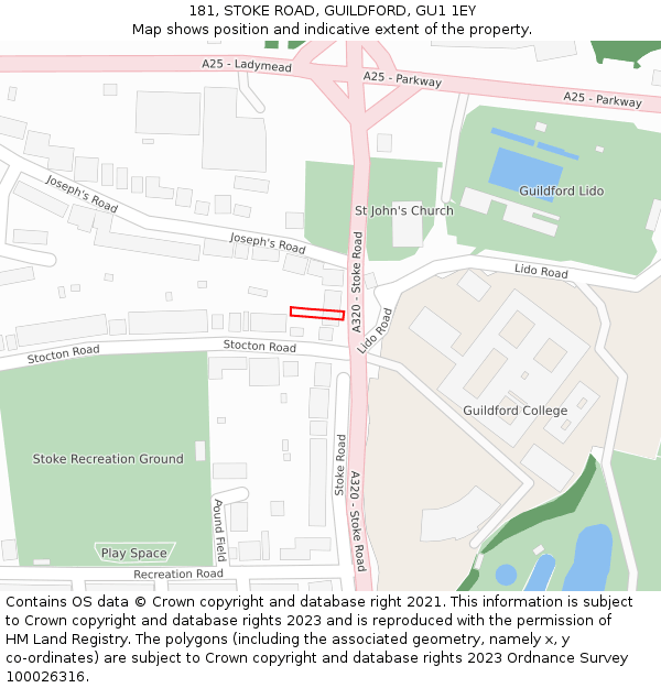 181, STOKE ROAD, GUILDFORD, GU1 1EY: Location map and indicative extent of plot