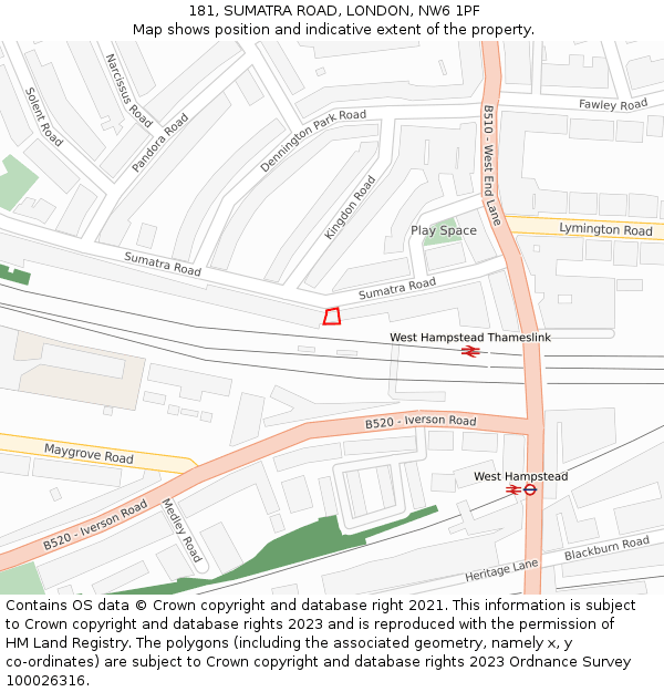181, SUMATRA ROAD, LONDON, NW6 1PF: Location map and indicative extent of plot