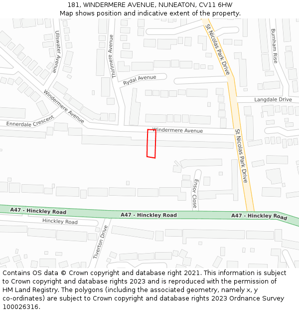 181, WINDERMERE AVENUE, NUNEATON, CV11 6HW: Location map and indicative extent of plot