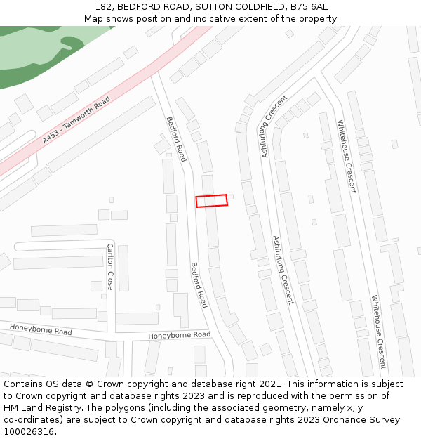 182, BEDFORD ROAD, SUTTON COLDFIELD, B75 6AL: Location map and indicative extent of plot