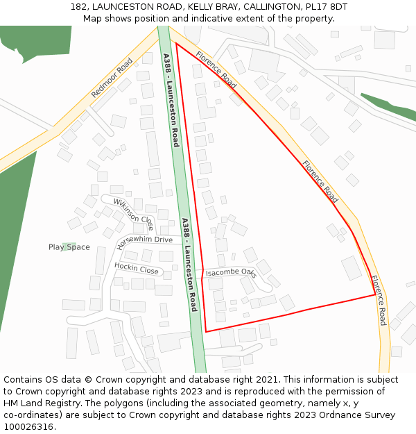 182, LAUNCESTON ROAD, KELLY BRAY, CALLINGTON, PL17 8DT: Location map and indicative extent of plot