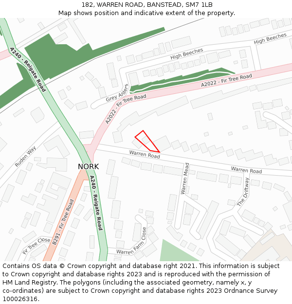 182, WARREN ROAD, BANSTEAD, SM7 1LB: Location map and indicative extent of plot