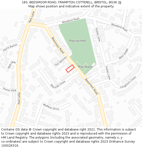 183, BEESMOOR ROAD, FRAMPTON COTTERELL, BRISTOL, BS36 2JJ: Location map and indicative extent of plot