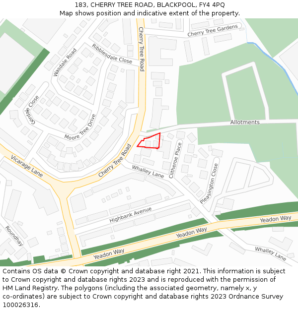 183, CHERRY TREE ROAD, BLACKPOOL, FY4 4PQ: Location map and indicative extent of plot