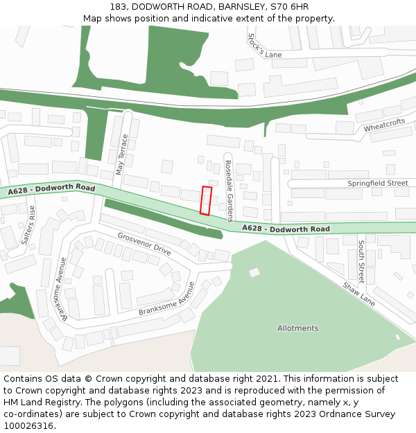 183, DODWORTH ROAD, BARNSLEY, S70 6HR: Location map and indicative extent of plot