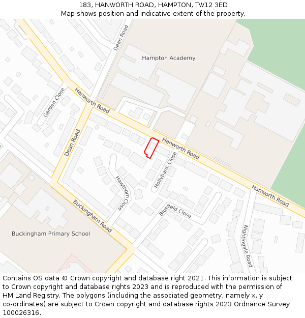 183, HANWORTH ROAD, HAMPTON, TW12 3ED: Location map and indicative extent of plot