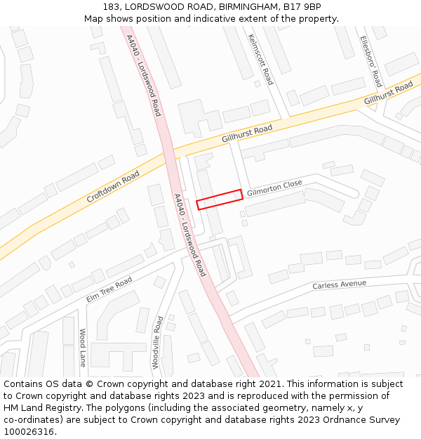 183, LORDSWOOD ROAD, BIRMINGHAM, B17 9BP: Location map and indicative extent of plot