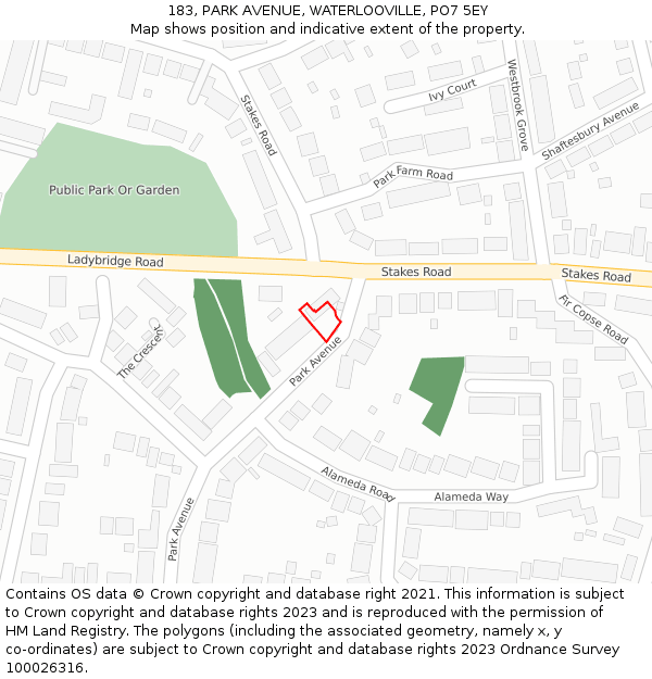 183, PARK AVENUE, WATERLOOVILLE, PO7 5EY: Location map and indicative extent of plot