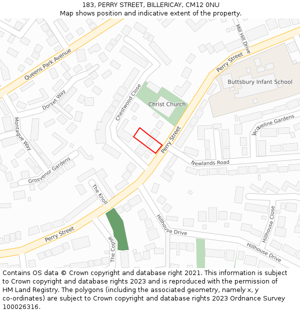 183, PERRY STREET, BILLERICAY, CM12 0NU: Location map and indicative extent of plot