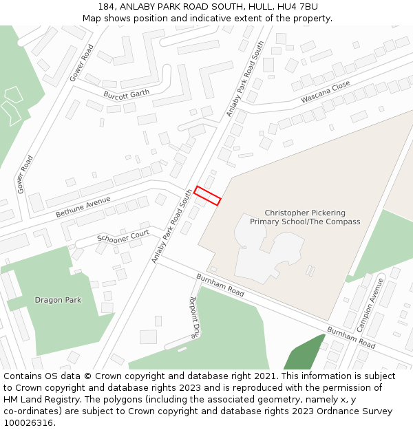 184, ANLABY PARK ROAD SOUTH, HULL, HU4 7BU: Location map and indicative extent of plot