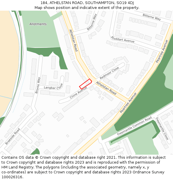 184, ATHELSTAN ROAD, SOUTHAMPTON, SO19 4DJ: Location map and indicative extent of plot