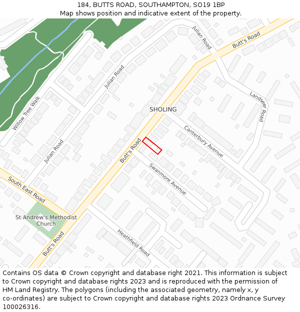 184, BUTTS ROAD, SOUTHAMPTON, SO19 1BP: Location map and indicative extent of plot