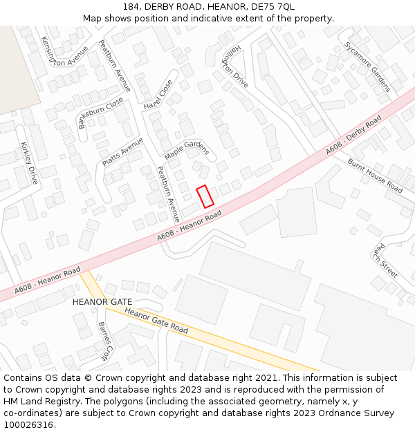 184, DERBY ROAD, HEANOR, DE75 7QL: Location map and indicative extent of plot