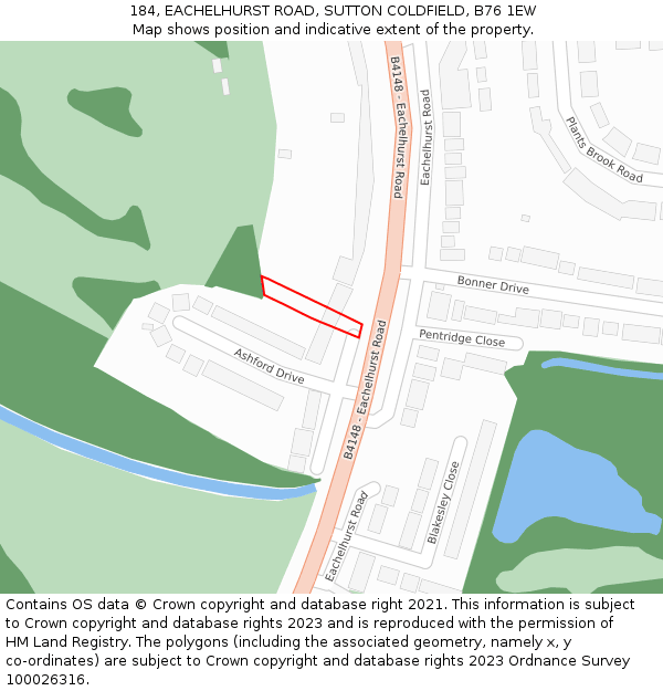 184, EACHELHURST ROAD, SUTTON COLDFIELD, B76 1EW: Location map and indicative extent of plot