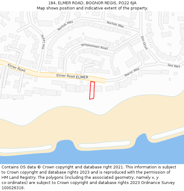 184, ELMER ROAD, BOGNOR REGIS, PO22 6JA: Location map and indicative extent of plot