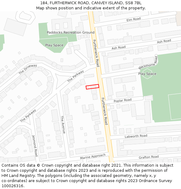 184, FURTHERWICK ROAD, CANVEY ISLAND, SS8 7BL: Location map and indicative extent of plot