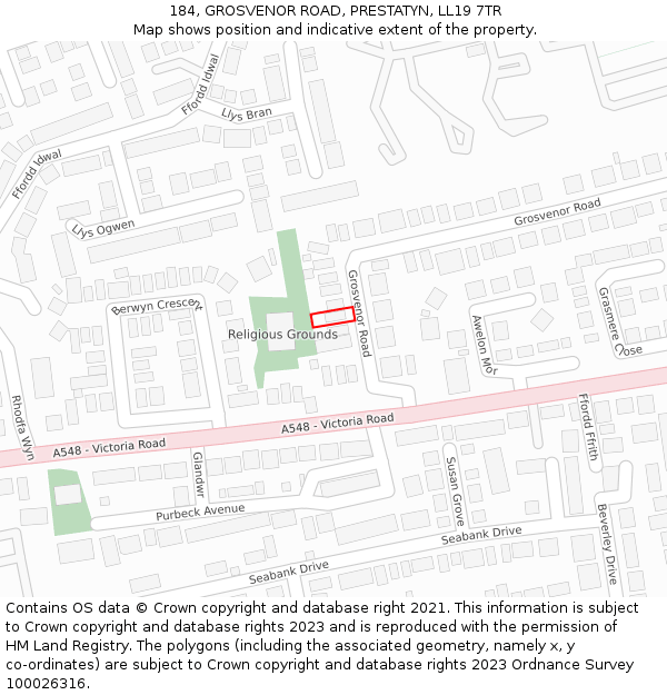 184, GROSVENOR ROAD, PRESTATYN, LL19 7TR: Location map and indicative extent of plot