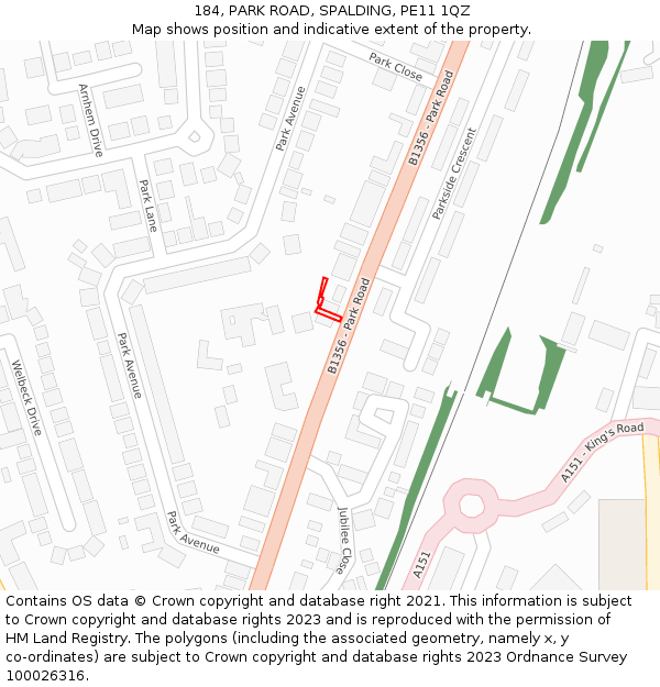 184, PARK ROAD, SPALDING, PE11 1QZ: Location map and indicative extent of plot