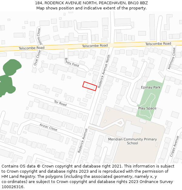184, RODERICK AVENUE NORTH, PEACEHAVEN, BN10 8BZ: Location map and indicative extent of plot