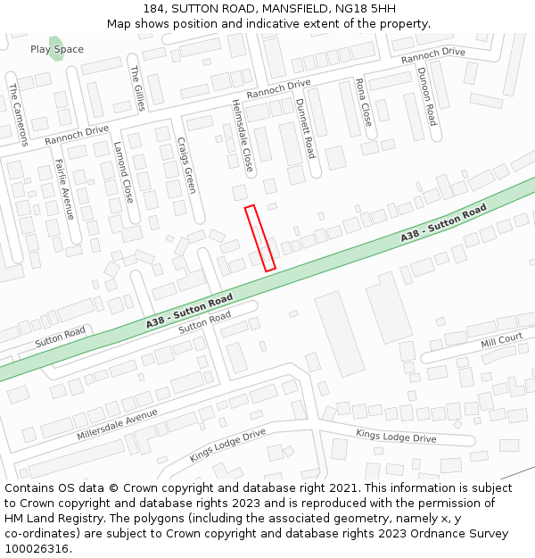 184, SUTTON ROAD, MANSFIELD, NG18 5HH: Location map and indicative extent of plot