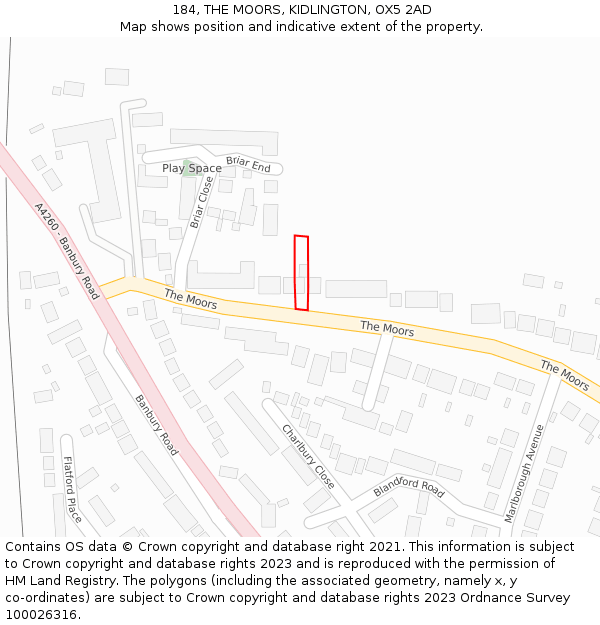 184, THE MOORS, KIDLINGTON, OX5 2AD: Location map and indicative extent of plot