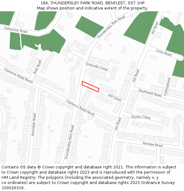 184, THUNDERSLEY PARK ROAD, BENFLEET, SS7 1HP: Location map and indicative extent of plot