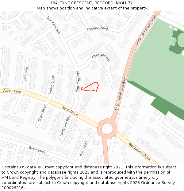 184, TYNE CRESCENT, BEDFORD, MK41 7YL: Location map and indicative extent of plot