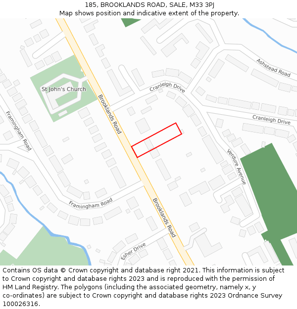 185, BROOKLANDS ROAD, SALE, M33 3PJ: Location map and indicative extent of plot