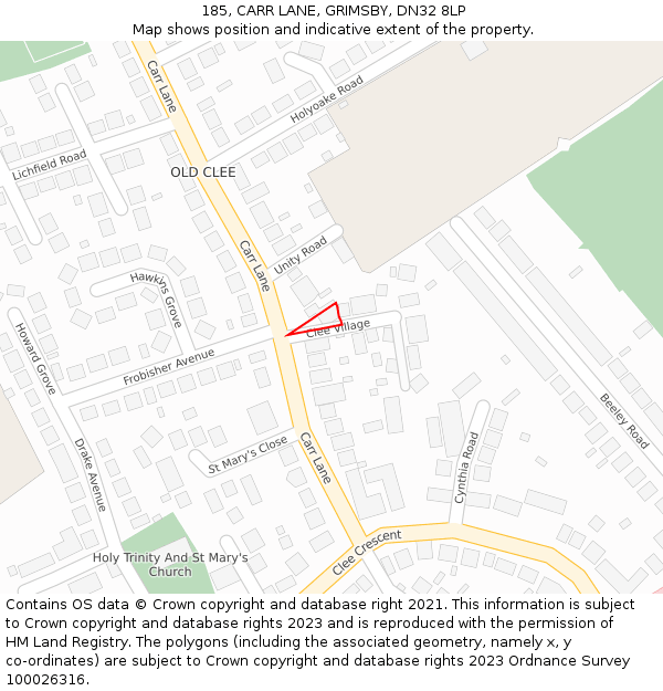 185, CARR LANE, GRIMSBY, DN32 8LP: Location map and indicative extent of plot