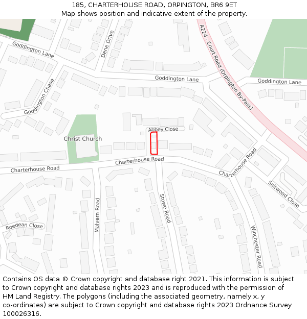 185, CHARTERHOUSE ROAD, ORPINGTON, BR6 9ET: Location map and indicative extent of plot