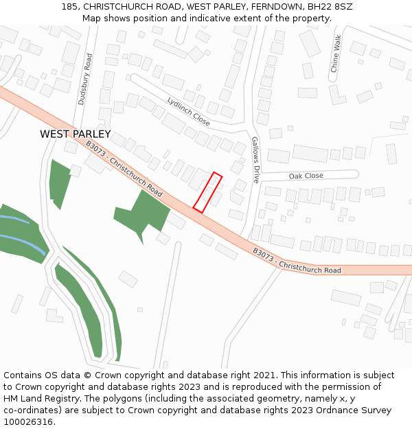 185, CHRISTCHURCH ROAD, WEST PARLEY, FERNDOWN, BH22 8SZ: Location map and indicative extent of plot
