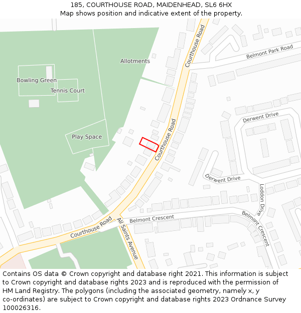 185, COURTHOUSE ROAD, MAIDENHEAD, SL6 6HX: Location map and indicative extent of plot