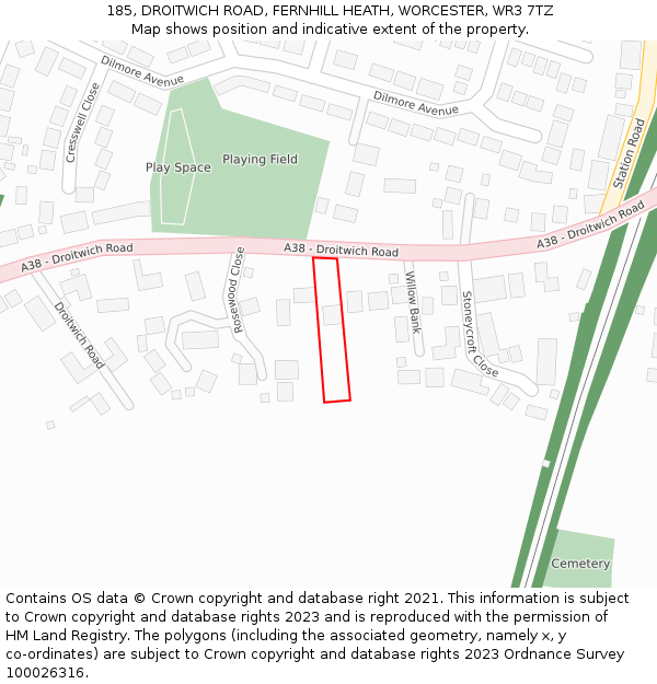 185, DROITWICH ROAD, FERNHILL HEATH, WORCESTER, WR3 7TZ: Location map and indicative extent of plot