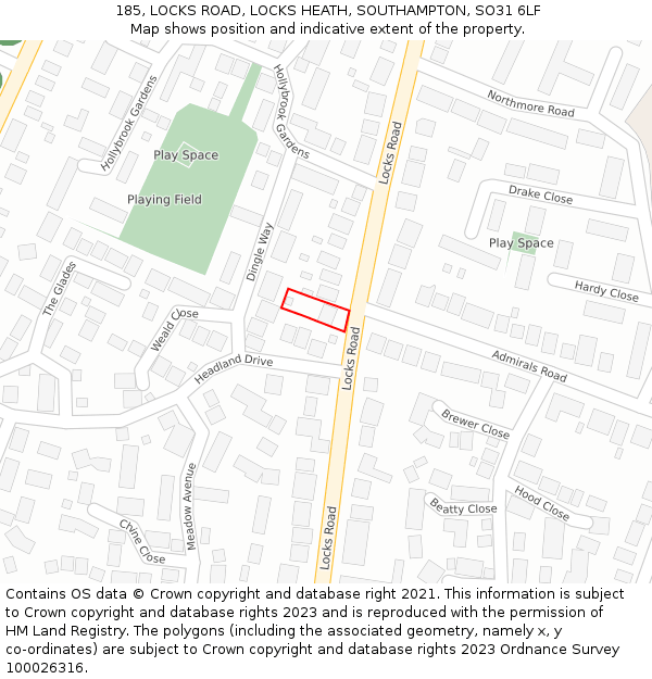 185, LOCKS ROAD, LOCKS HEATH, SOUTHAMPTON, SO31 6LF: Location map and indicative extent of plot