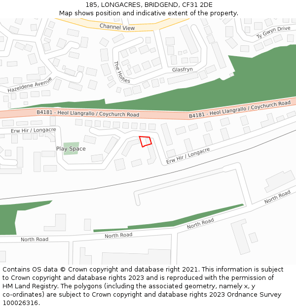 185, LONGACRES, BRIDGEND, CF31 2DE: Location map and indicative extent of plot