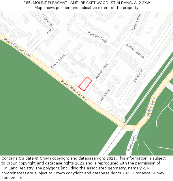 185, MOUNT PLEASANT LANE, BRICKET WOOD, ST ALBANS, AL2 3XW: Location map and indicative extent of plot