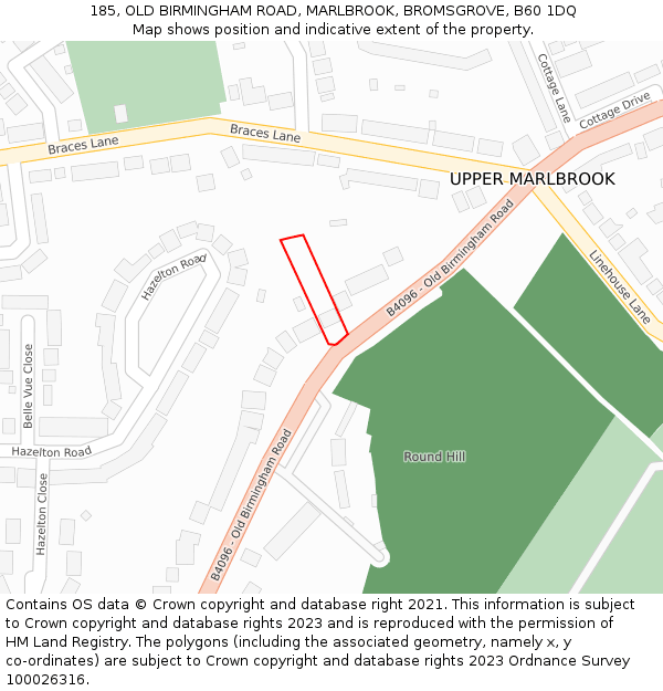 185, OLD BIRMINGHAM ROAD, MARLBROOK, BROMSGROVE, B60 1DQ: Location map and indicative extent of plot