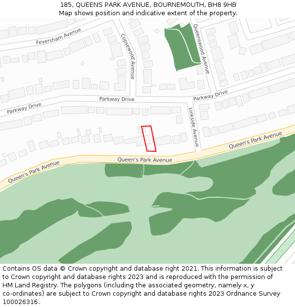 185, QUEENS PARK AVENUE, BOURNEMOUTH, BH8 9HB: Location map and indicative extent of plot