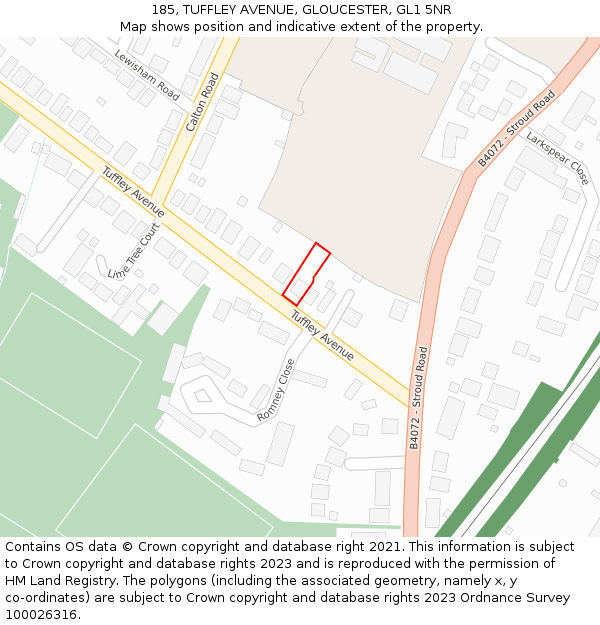 185, TUFFLEY AVENUE, GLOUCESTER, GL1 5NR: Location map and indicative extent of plot