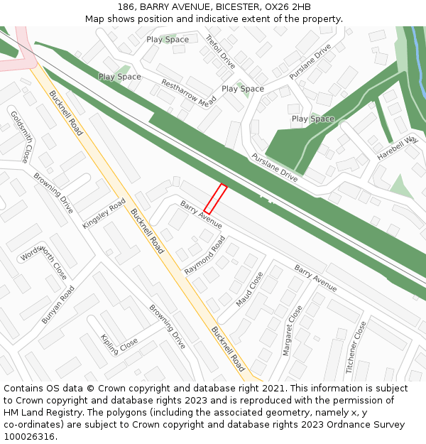 186, BARRY AVENUE, BICESTER, OX26 2HB: Location map and indicative extent of plot