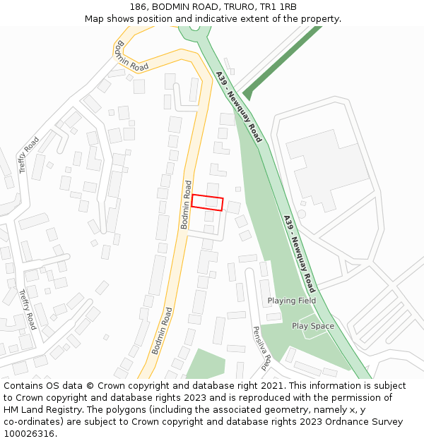 186, BODMIN ROAD, TRURO, TR1 1RB: Location map and indicative extent of plot